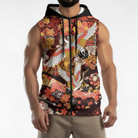 Japanese Hawaiian Crane Sleeveless Zip Hoodie Yellow Ochre Tapa Patchwork Pattern