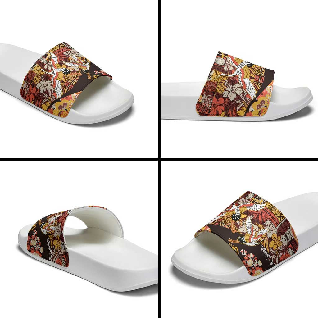 Japanese Hawaiian Crane Slide Sandals Yellow Ochre Tapa Patchwork Pattern
