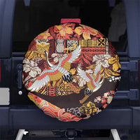 Japanese Hawaiian Crane Spare Tire Cover Yellow Ochre Tapa Patchwork Pattern