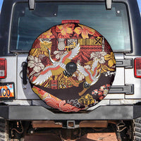 Japanese Hawaiian Crane Spare Tire Cover Yellow Ochre Tapa Patchwork Pattern