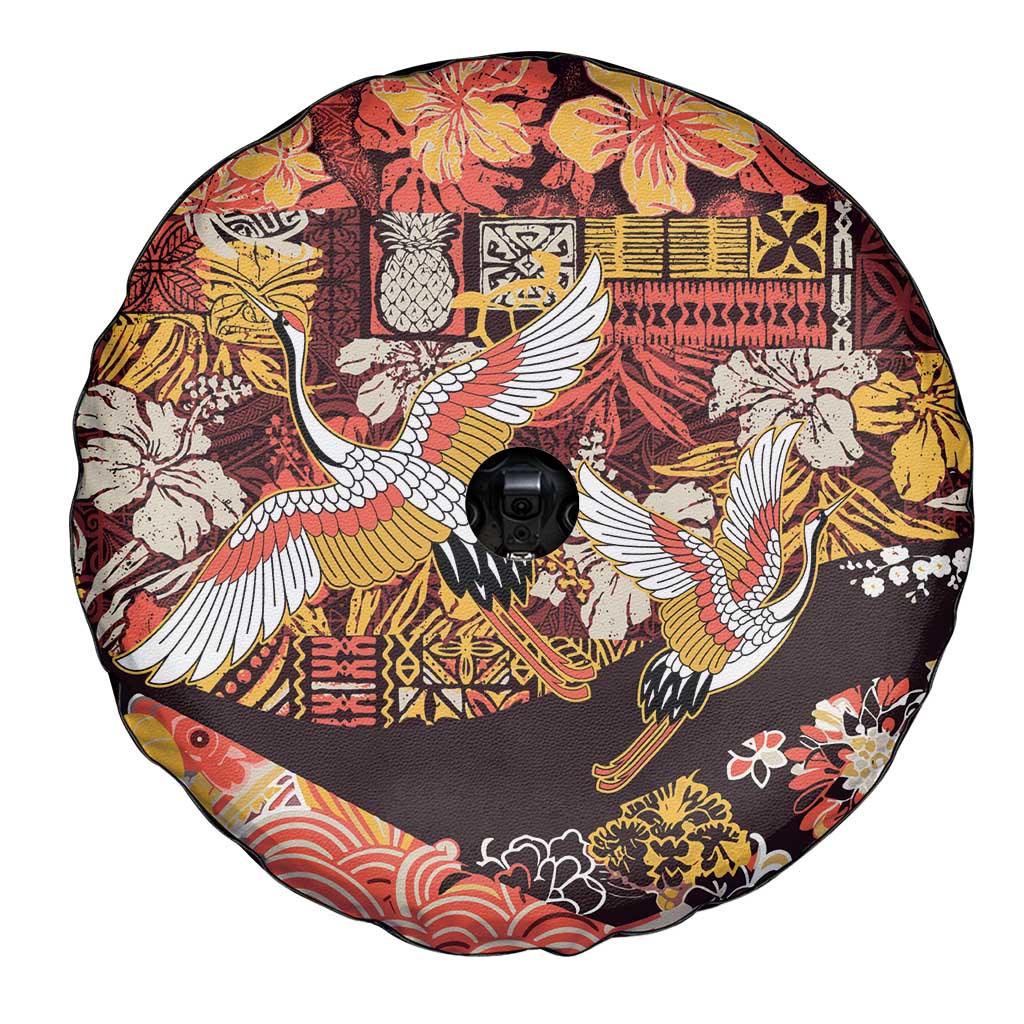 Japanese Hawaiian Crane Spare Tire Cover Yellow Ochre Tapa Patchwork Pattern