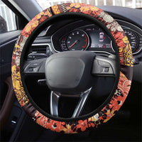 Japanese Hawaiian Crane Steering Wheel Cover Yellow Ochre Tapa Patchwork Pattern