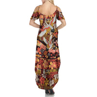 Japanese Hawaiian Crane Summer Maxi Dress Yellow Ochre Tapa Patchwork Pattern