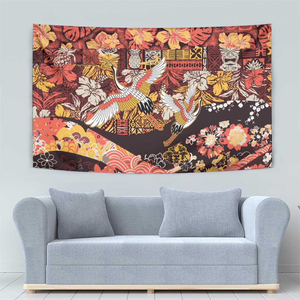 Japanese Hawaiian Crane Tapestry Yellow Ochre Tapa Patchwork Pattern