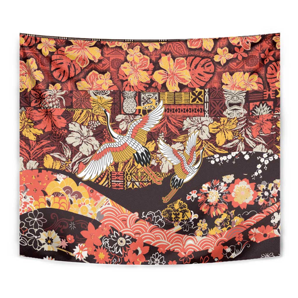 Japanese Hawaiian Crane Tapestry Yellow Ochre Tapa Patchwork Pattern