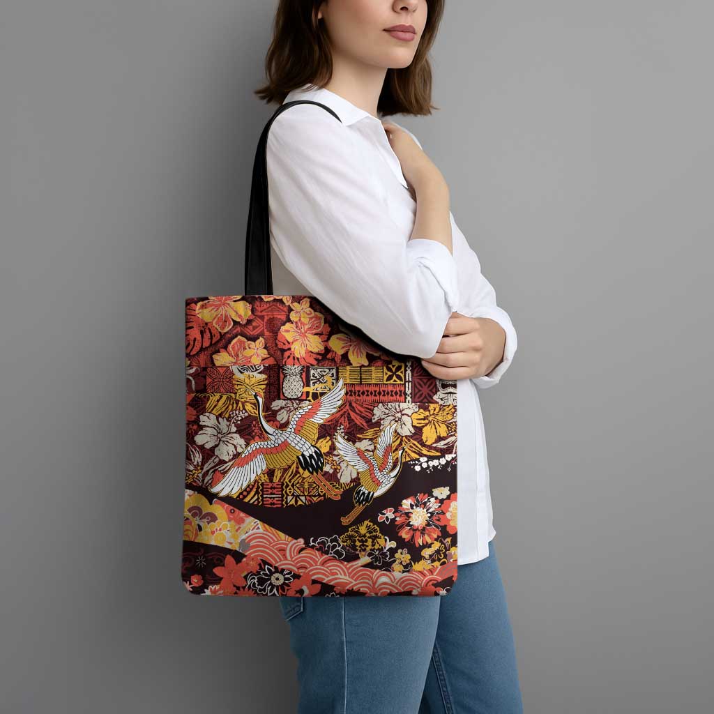 Japanese Hawaiian Crane Tote Bag Yellow Ochre Tapa Patchwork Pattern