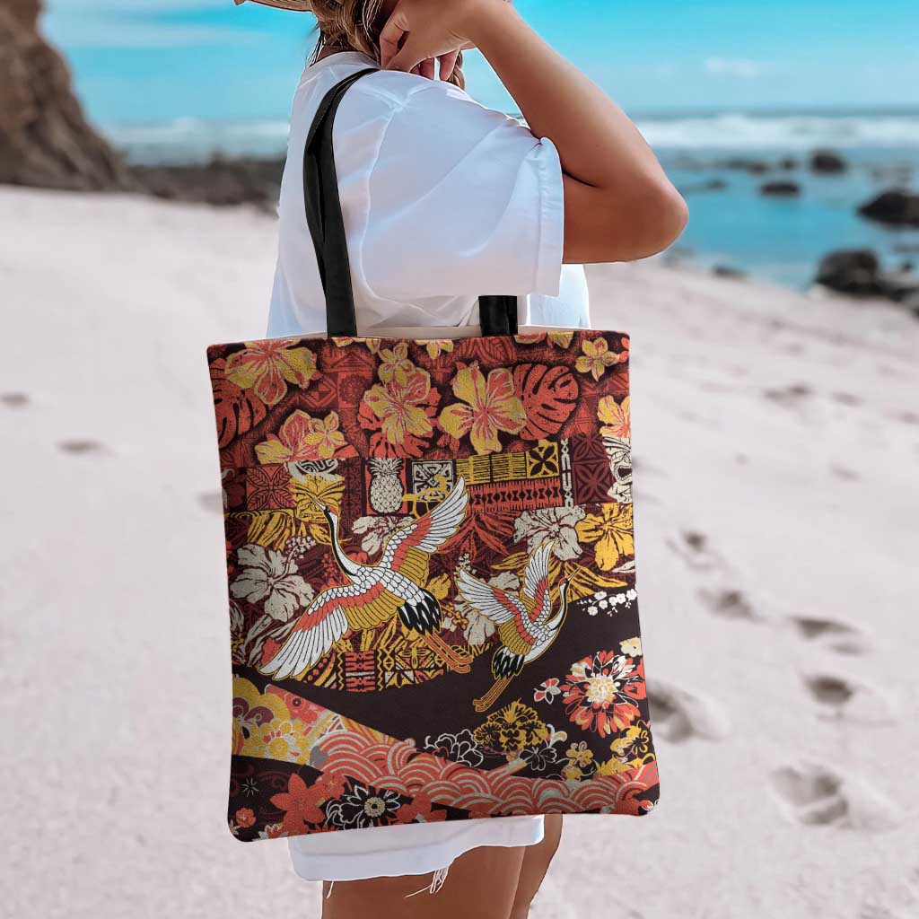 Japanese Hawaiian Crane Tote Bag Yellow Ochre Tapa Patchwork Pattern