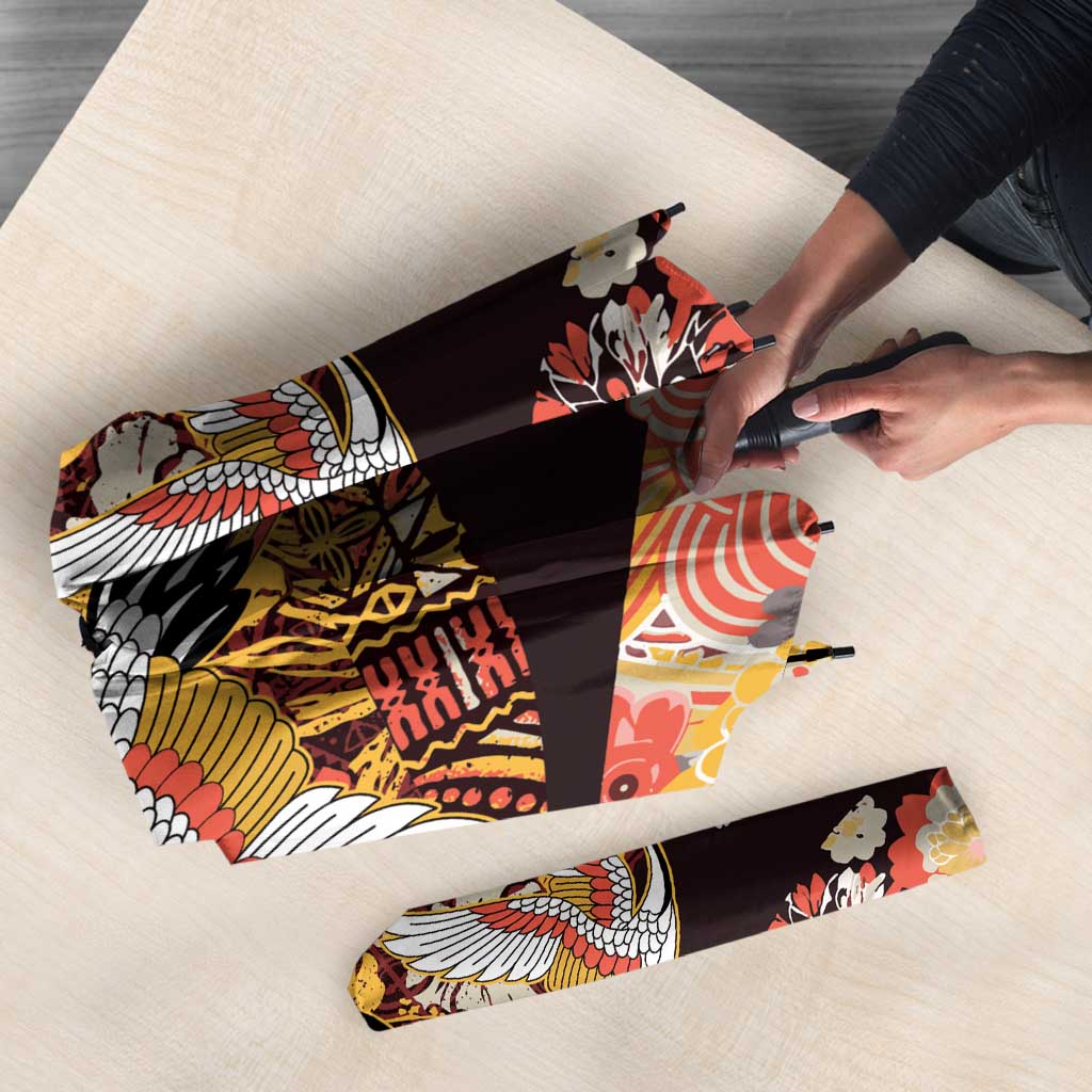 Japanese Hawaiian Crane Umbrella Yellow Ochre Tapa Patchwork Pattern