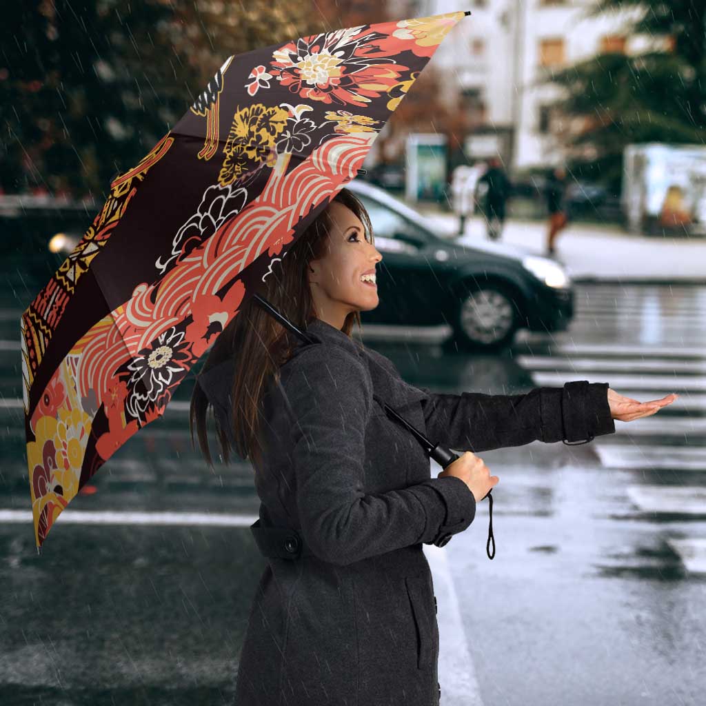Japanese Hawaiian Crane Umbrella Yellow Ochre Tapa Patchwork Pattern
