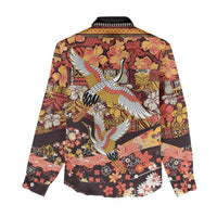 Japanese Hawaiian Crane Women Casual Shirt Yellow Ochre Tapa Patchwork Pattern