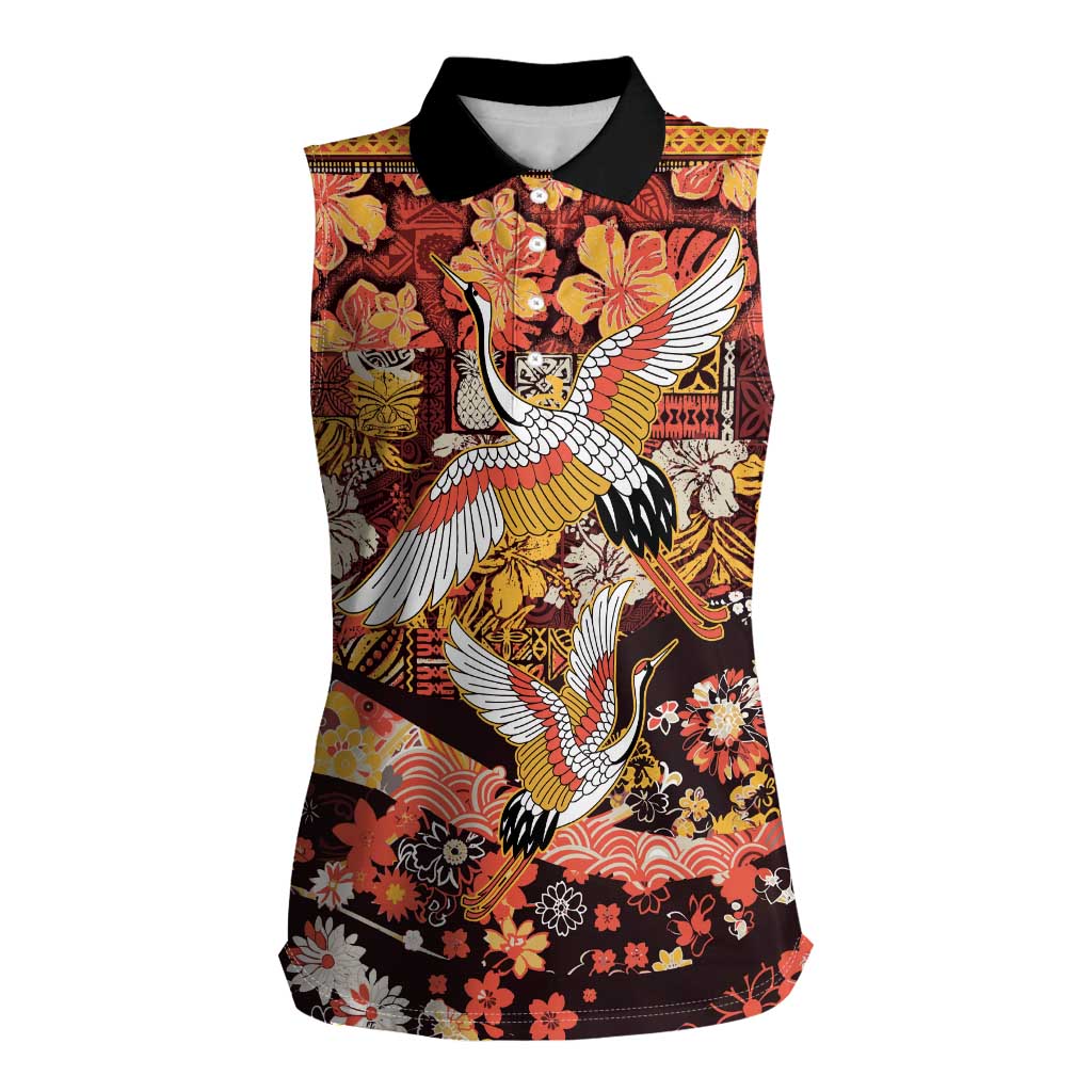 Japanese Hawaiian Crane Women Sleeveless Polo Shirt Yellow Ochre Tapa Patchwork Pattern