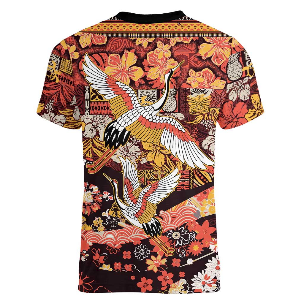 Japanese Hawaiian Crane Women V-Neck T-Shirt Yellow Ochre Tapa Patchwork Pattern