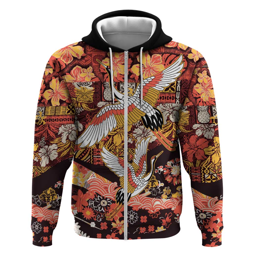 Japanese Hawaiian Crane Zip Hoodie Yellow Ochre Tapa Patchwork Pattern