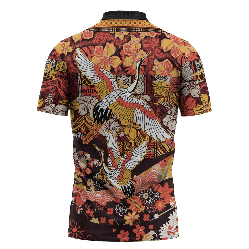 Japanese Hawaiian Crane Zipper Polo Shirt Yellow Ochre Tapa Patchwork Pattern