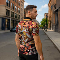 Japanese Hawaiian Crane Zipper Polo Shirt Yellow Ochre Tapa Patchwork Pattern