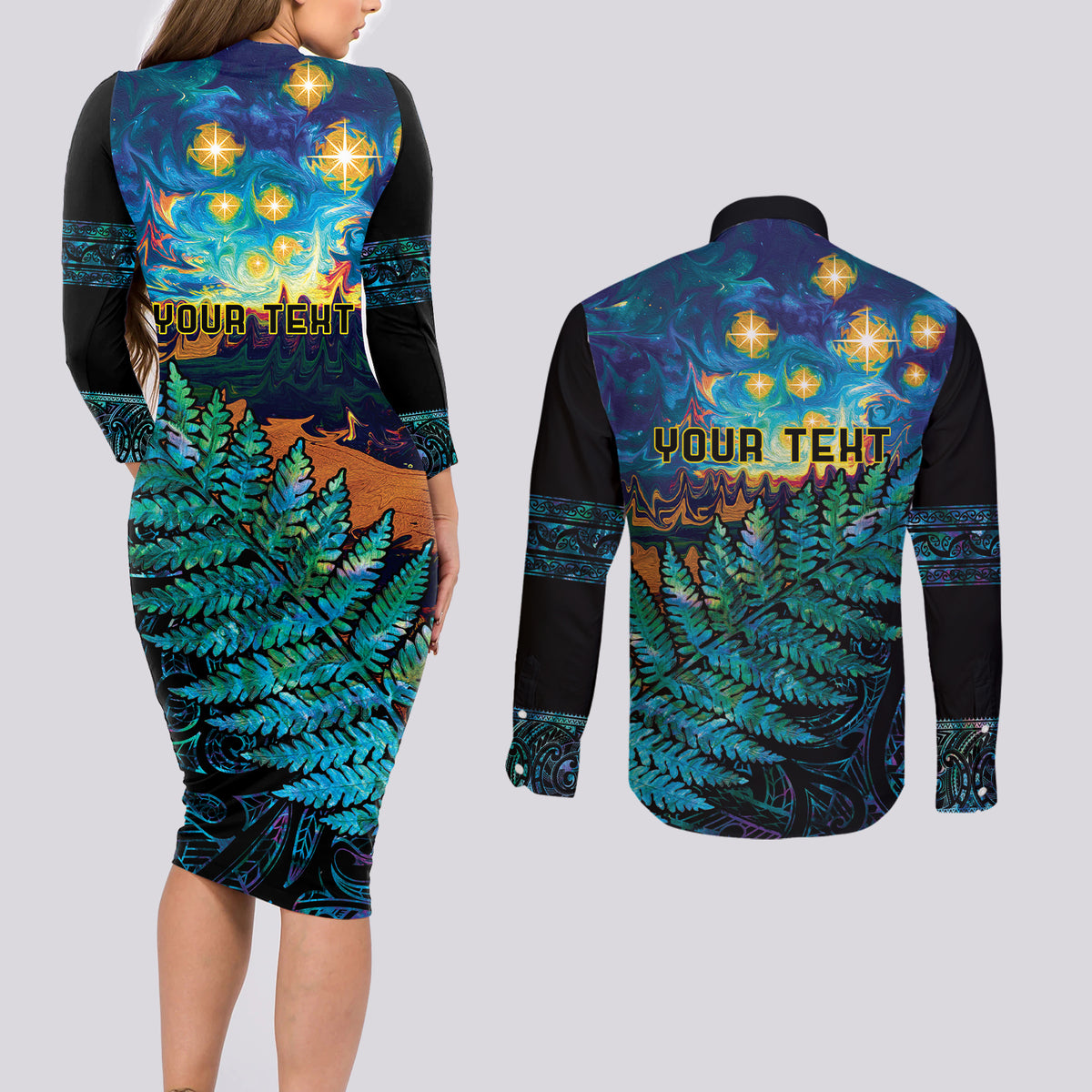 Matariki Te Tau Hou Maori Couples Matching Long Sleeve Bodycon Dress and Long Sleeve Button Shirt New Zealand Silver Fern Night Starry Sky LT9 - Polynesian Pride
