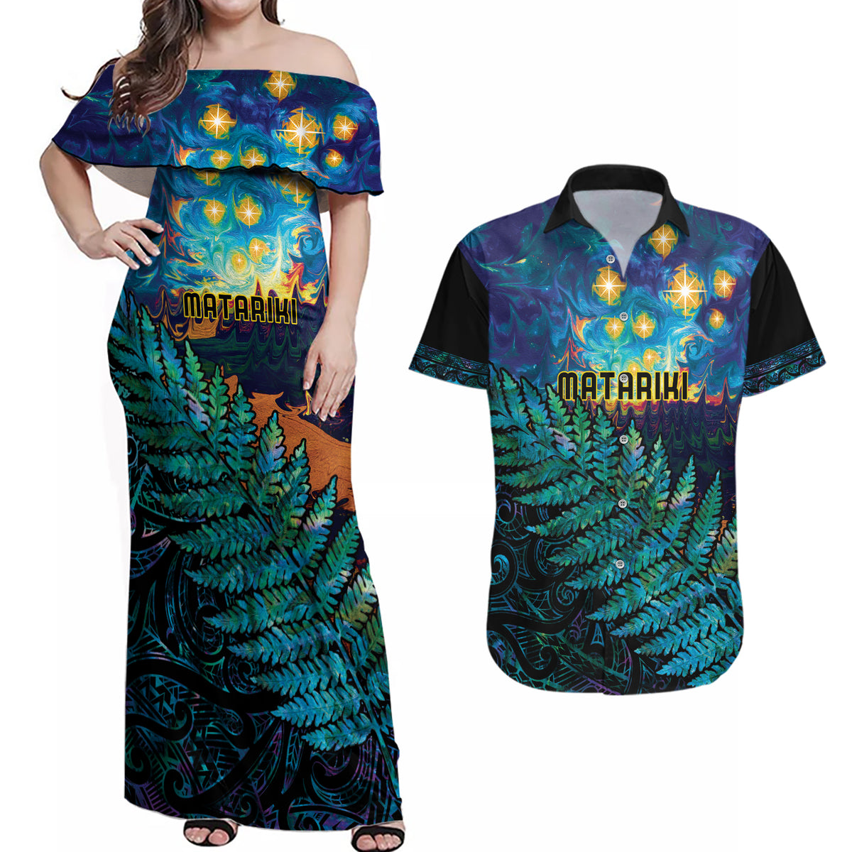 Matariki Te Tau Hou Maori Couples Matching Off Shoulder Maxi Dress and Hawaiian Shirt New Zealand Silver Fern Night Starry Sky LT9 Black - Polynesian Pride