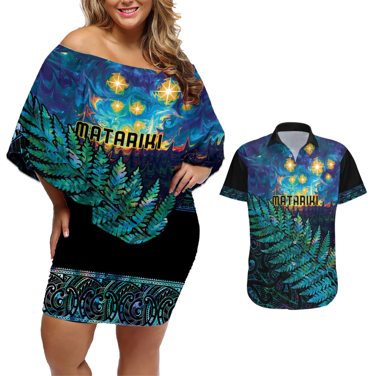 Matariki Te Tau Hou Maori Couples Matching Off Shoulder Short Dress and Hawaiian Shirt New Zealand Silver Fern Night Starry Sky LT9 Black - Polynesian Pride