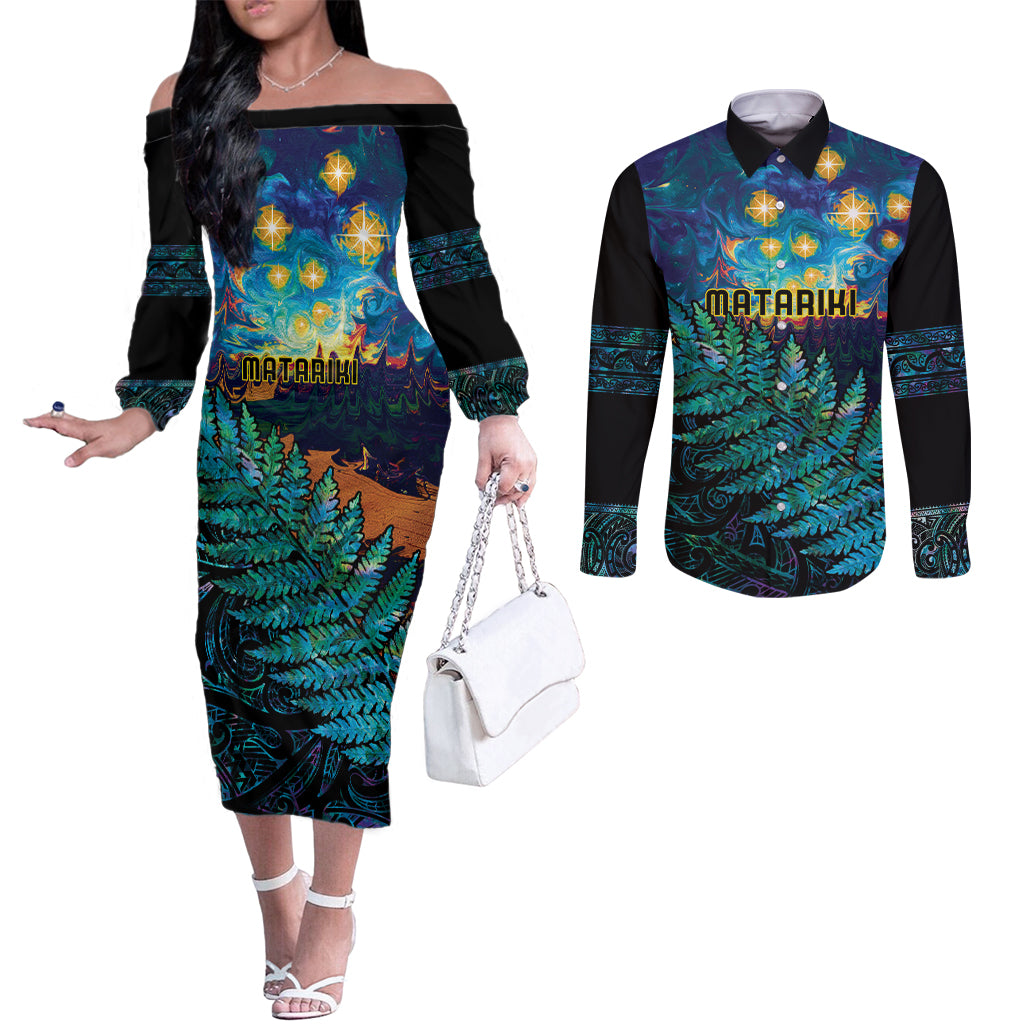 Matariki Te Tau Hou Maori Couples Matching Off The Shoulder Long Sleeve Dress and Long Sleeve Button Shirt New Zealand Silver Fern Night Starry Sky LT9 Black - Polynesian Pride