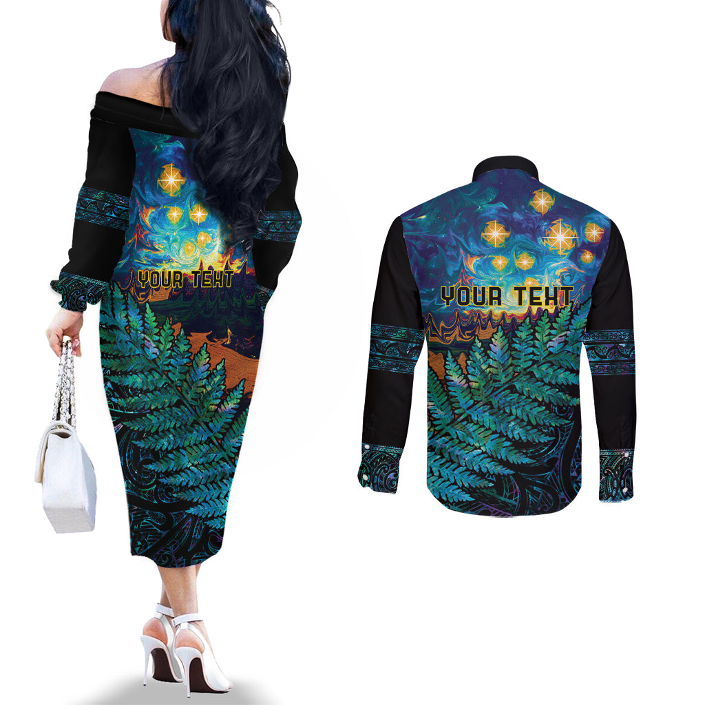Matariki Te Tau Hou Maori Couples Matching Off The Shoulder Long Sleeve Dress and Long Sleeve Button Shirt New Zealand Silver Fern Night Starry Sky LT9 - Polynesian Pride