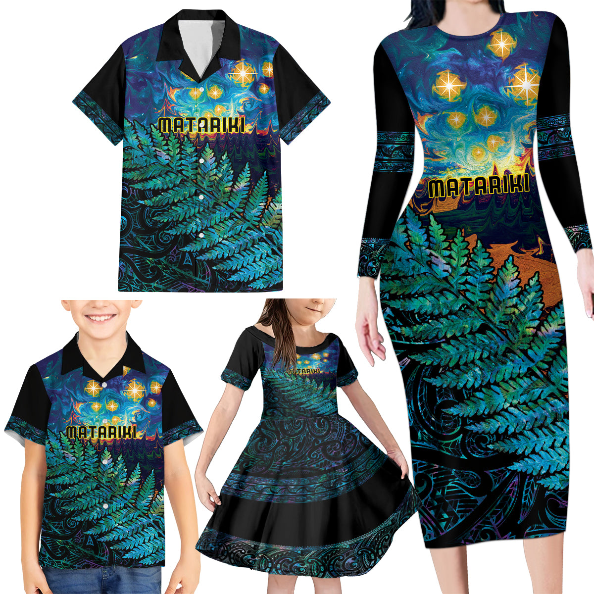 Matariki Te Tau Hou Maori Family Matching Long Sleeve Bodycon Dress and Hawaiian Shirt New Zealand Silver Fern Night Starry Sky LT9 - Polynesian Pride
