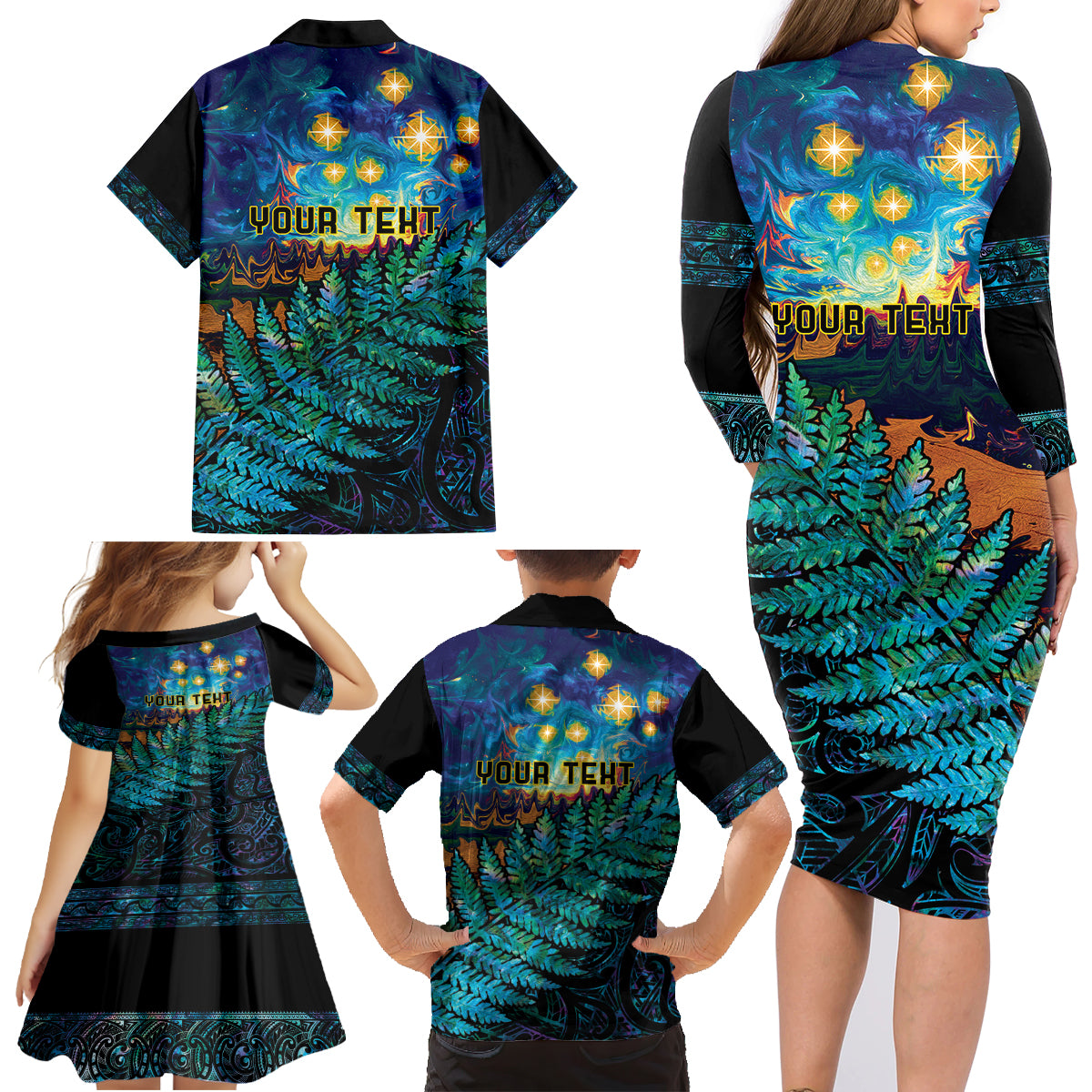 Matariki Te Tau Hou Maori Family Matching Long Sleeve Bodycon Dress and Hawaiian Shirt New Zealand Silver Fern Night Starry Sky LT9 - Polynesian Pride
