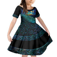 Matariki Te Tau Hou Maori Family Matching Mermaid Dress and Hawaiian Shirt New Zealand Silver Fern Night Starry Sky LT9 Daughter's Dress Black - Polynesian Pride