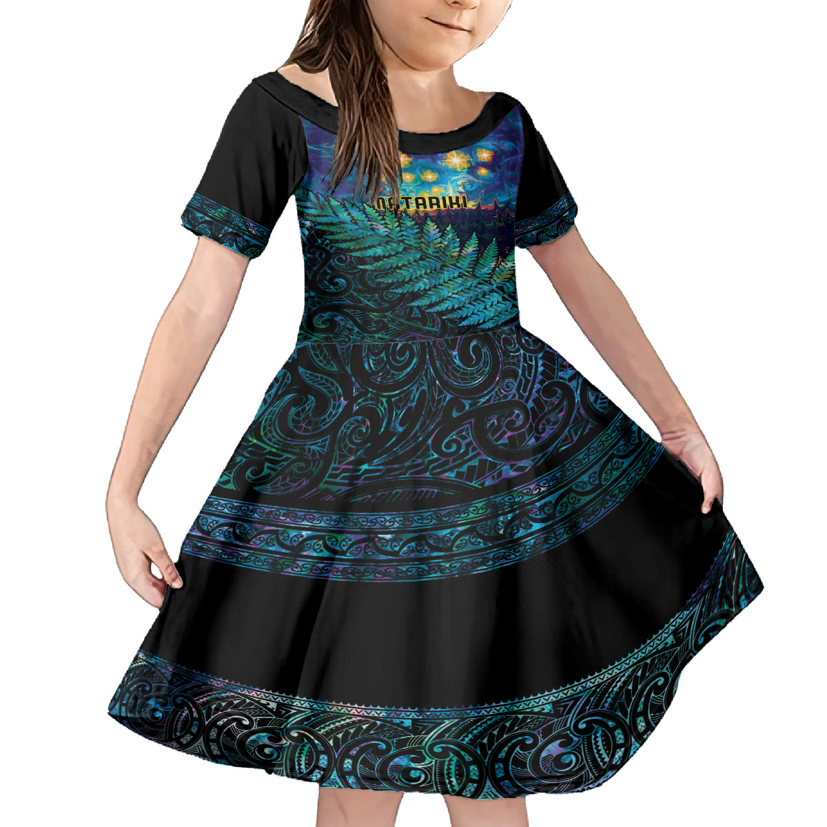 Matariki Te Tau Hou Maori Family Matching Off The Shoulder Long Sleeve Dress and Hawaiian Shirt New Zealand Silver Fern Night Starry Sky LT9 Daughter's Dress Black - Polynesian Pride