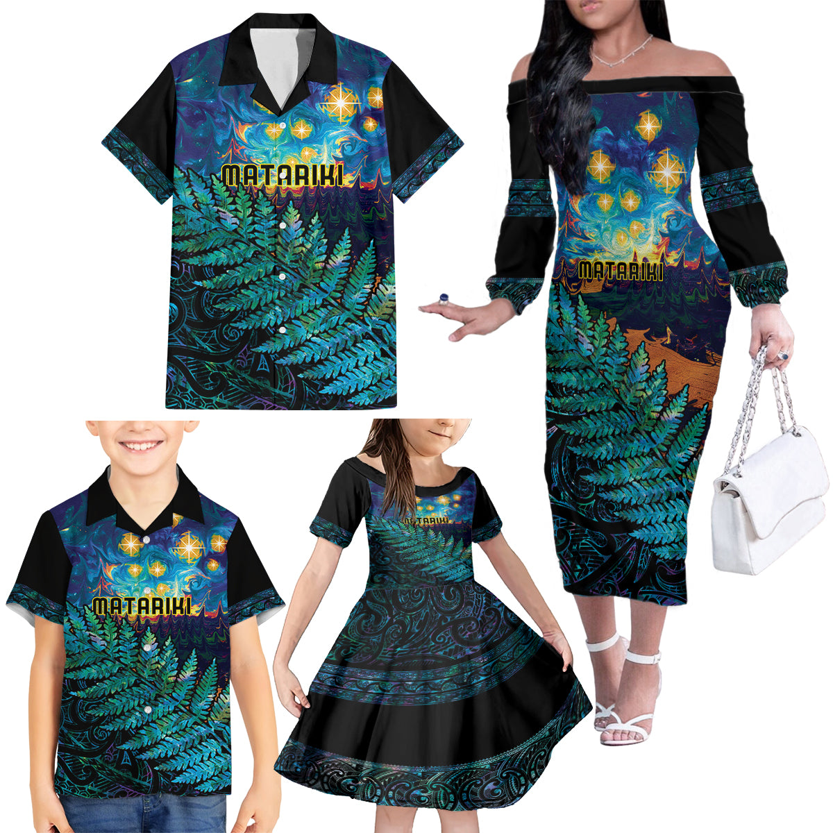 Matariki Te Tau Hou Maori Family Matching Off The Shoulder Long Sleeve Dress and Hawaiian Shirt New Zealand Silver Fern Night Starry Sky LT9 - Polynesian Pride
