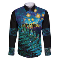 Matariki Te Tau Hou Maori Family Matching Off The Shoulder Long Sleeve Dress and Hawaiian Shirt New Zealand Silver Fern Night Starry Sky LT9 Dad's Shirt - Long Sleeve Black - Polynesian Pride