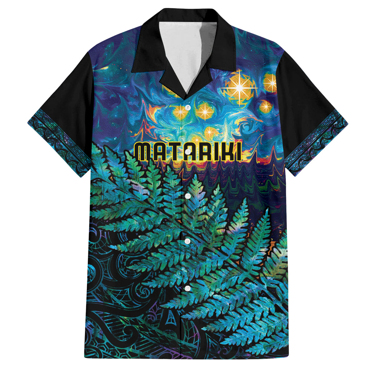 Matariki Te Tau Hou Maori Family Matching Off Shoulder Maxi Dress and Hawaiian Shirt New Zealand Silver Fern Night Starry Sky LT9 Dad's Shirt - Short Sleeve Black - Polynesian Pride