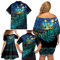 Matariki Te Tau Hou Maori Family Matching Off Shoulder Short Dress and Hawaiian Shirt New Zealand Silver Fern Night Starry Sky LT9 - Polynesian Pride