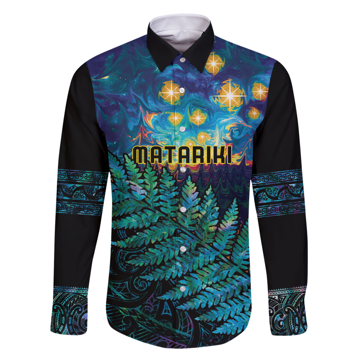 Matariki Te Tau Hou Maori Family Matching Off Shoulder Short Dress and Hawaiian Shirt New Zealand Silver Fern Night Starry Sky LT9 Dad's Shirt - Long Sleeve Black - Polynesian Pride