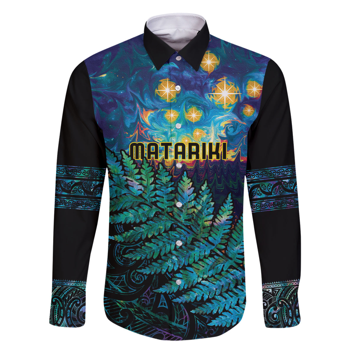 Matariki Te Tau Hou Maori Family Matching Puletasi and Hawaiian Shirt New Zealand Silver Fern Night Starry Sky LT9 Dad's Shirt - Long Sleeve Black - Polynesian Pride