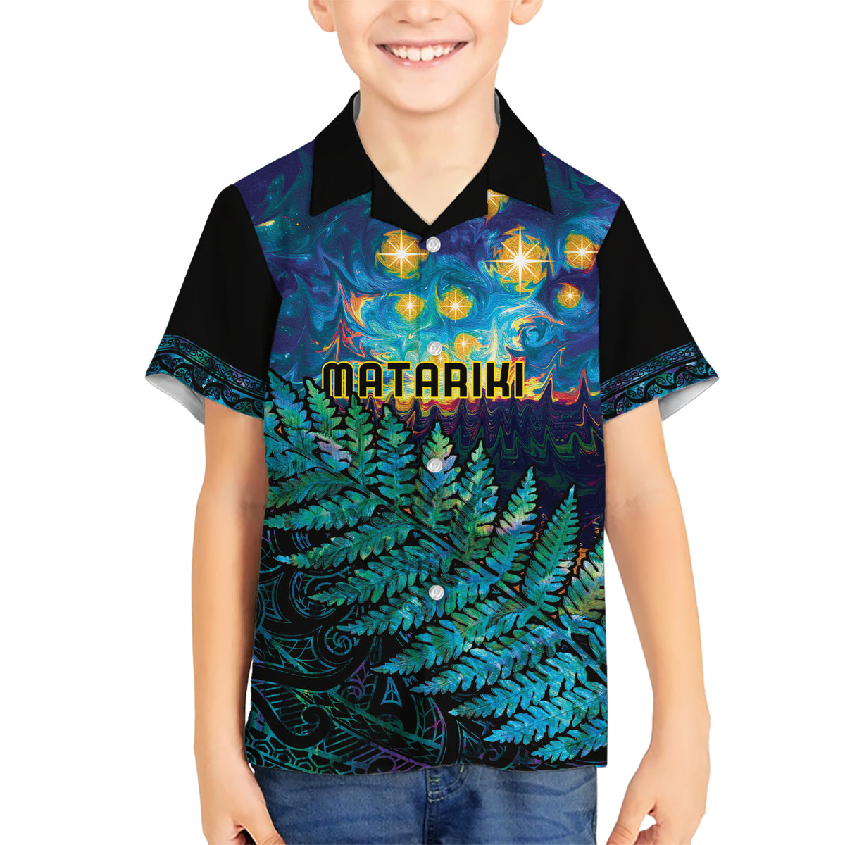 Matariki Te Tau Hou Maori Kid Hawaiian Shirt New Zealand Silver Fern Night Starry Sky LT9 Kid Black - Polynesian Pride