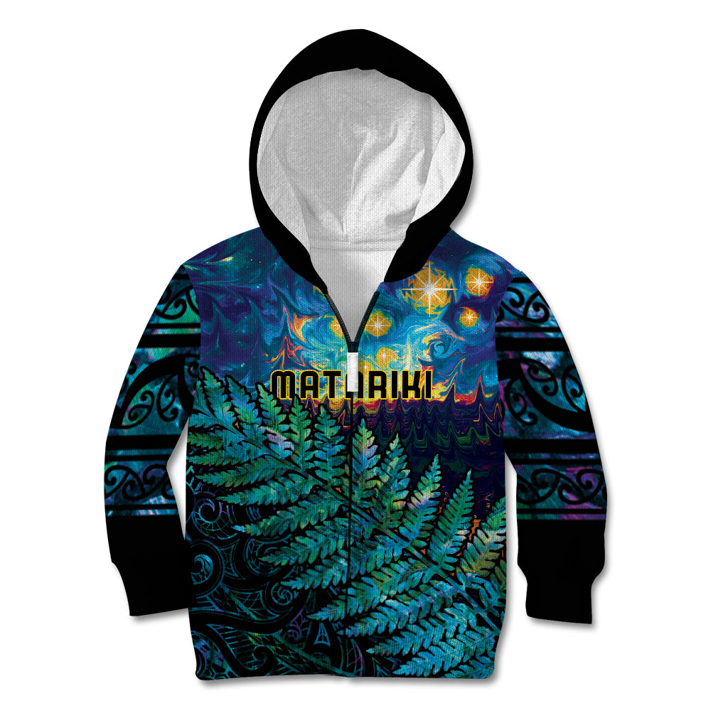 Matariki Te Tau Hou Maori Kid Hoodie New Zealand Silver Fern Night Starry Sky LT9 Zip Hoodie Black - Polynesian Pride