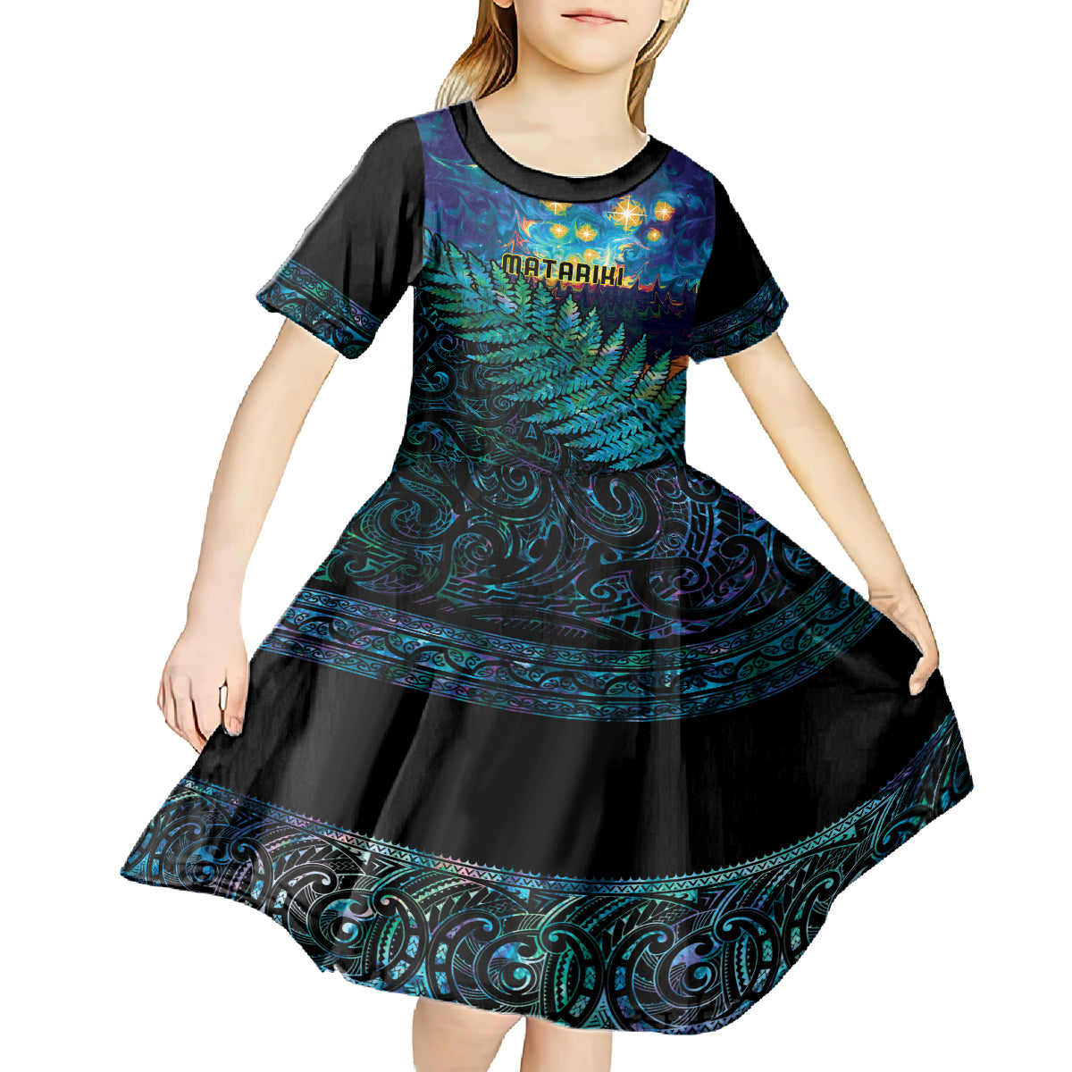 Matariki Te Tau Hou Maori Kid Short Sleeve Dress New Zealand Silver Fern Night Starry Sky LT9 - Polynesian Pride