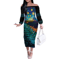 Matariki Te Tau Hou Maori Off The Shoulder Long Sleeve Dress New Zealand Silver Fern Night Starry Sky LT9 Women Black - Polynesian Pride