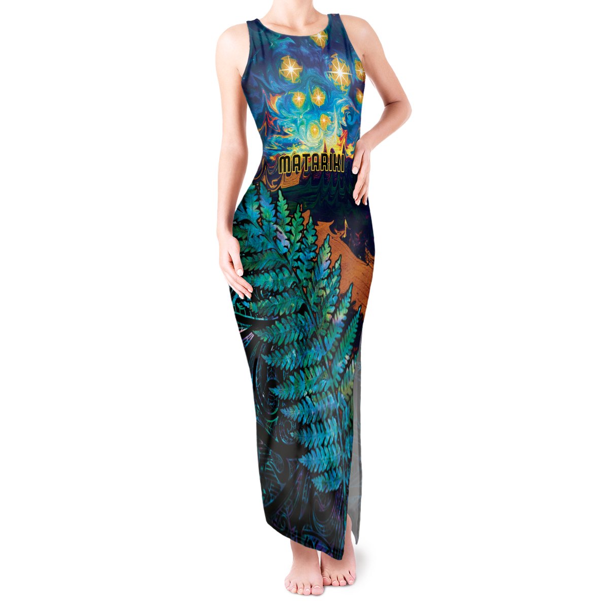 Matariki Te Tau Hou Maori Tank Maxi Dress New Zealand Silver Fern Night Starry Sky LT9 Women Black - Polynesian Pride