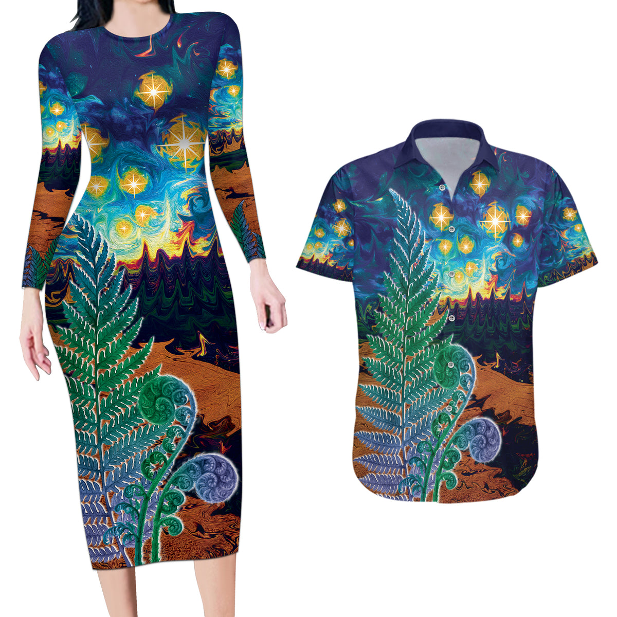 Personalised New Zealand Matariki Art Star Couples Matching Long Sleeve Bodycon Dress and Hawaiian Shirt Koru Fern Night Starry Sky LT9 Black - Polynesian Pride