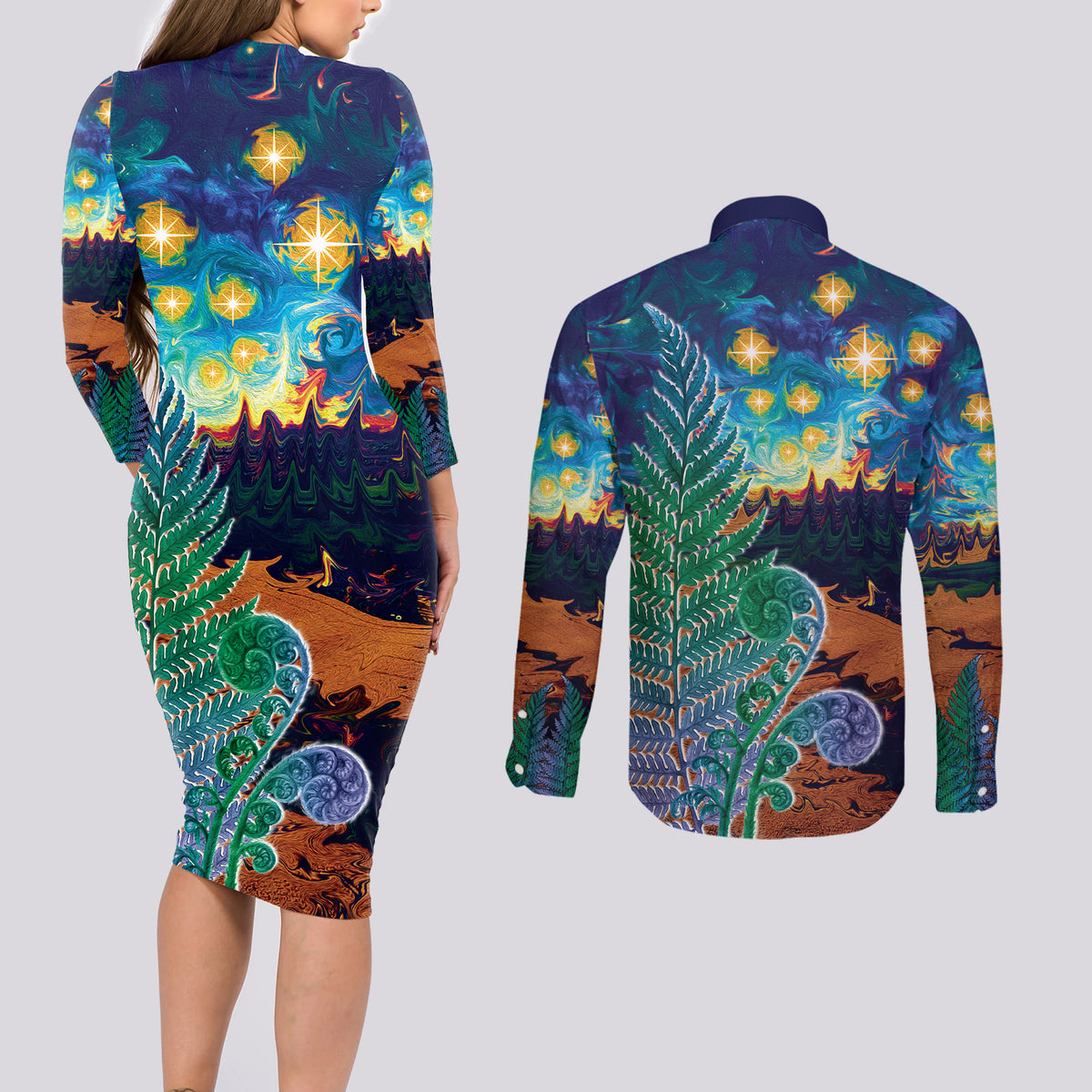 Personalised New Zealand Matariki Art Star Couples Matching Long Sleeve Bodycon Dress and Long Sleeve Button Shirt Koru Fern Night Starry Sky LT9 - Polynesian Pride