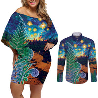 Personalised New Zealand Matariki Art Star Couples Matching Off Shoulder Short Dress and Long Sleeve Button Shirt Koru Fern Night Starry Sky LT9 Black - Polynesian Pride