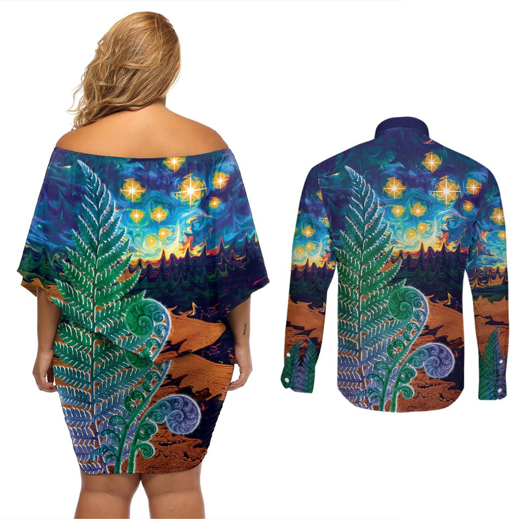 Personalised New Zealand Matariki Art Star Couples Matching Off Shoulder Short Dress and Long Sleeve Button Shirt Koru Fern Night Starry Sky LT9 - Polynesian Pride