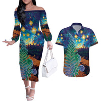 Personalised New Zealand Matariki Art Star Couples Matching Off The Shoulder Long Sleeve Dress and Hawaiian Shirt Koru Fern Night Starry Sky LT9 Black - Polynesian Pride