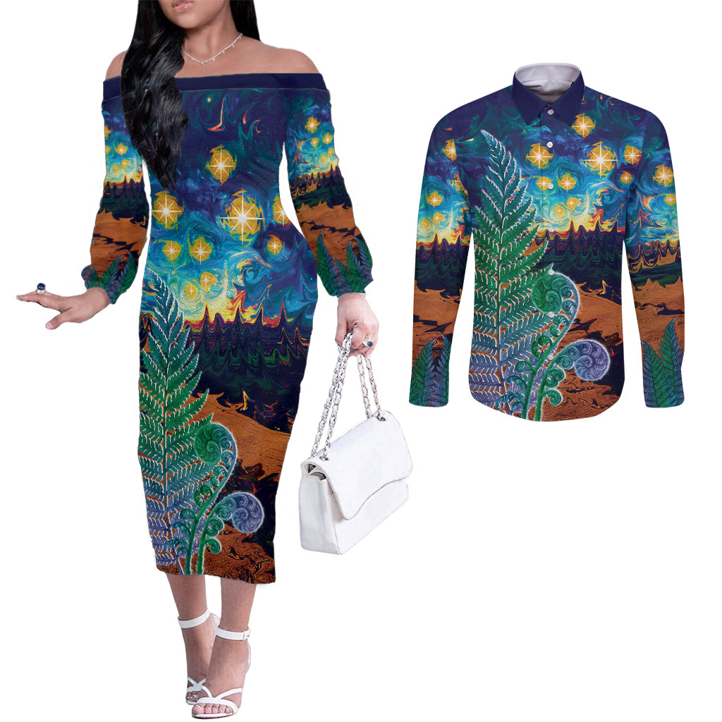 Personalised New Zealand Matariki Art Star Couples Matching Off The Shoulder Long Sleeve Dress and Long Sleeve Button Shirt Koru Fern Night Starry Sky LT9 Black - Polynesian Pride