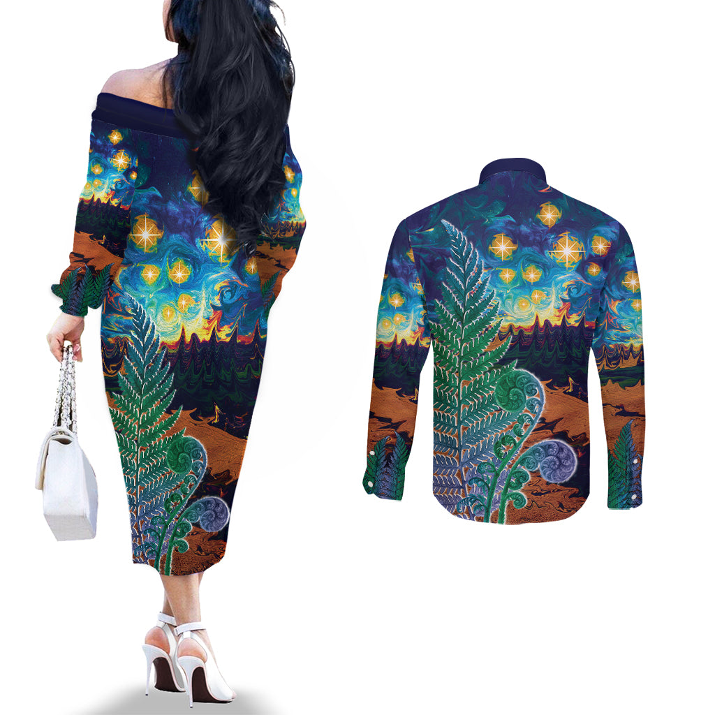 Personalised New Zealand Matariki Art Star Couples Matching Off The Shoulder Long Sleeve Dress and Long Sleeve Button Shirt Koru Fern Night Starry Sky LT9 - Polynesian Pride