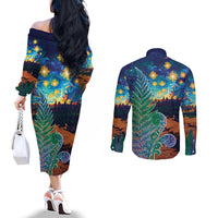 Personalised New Zealand Matariki Art Star Couples Matching Off The Shoulder Long Sleeve Dress and Long Sleeve Button Shirt Koru Fern Night Starry Sky LT9 - Polynesian Pride