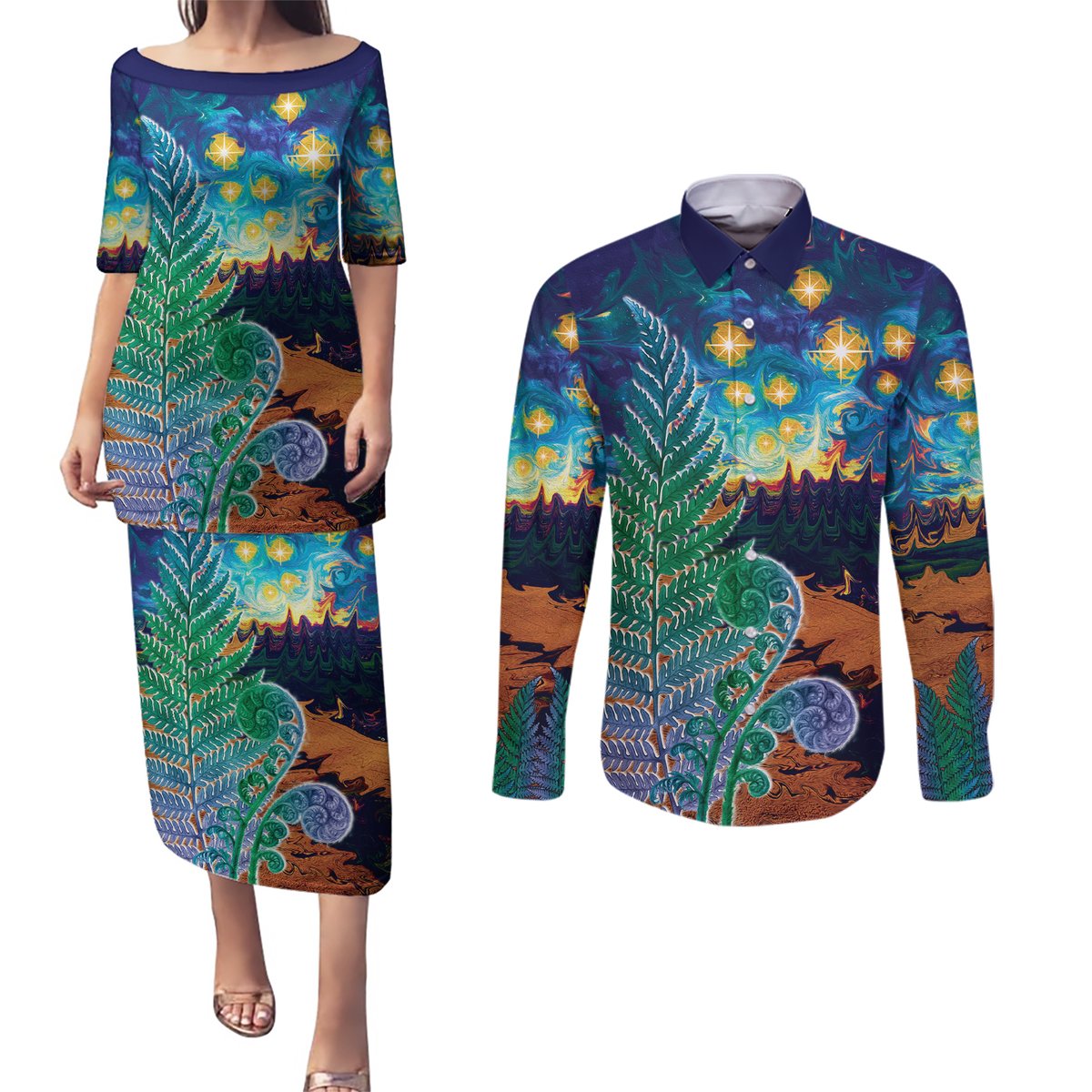 Personalised New Zealand Matariki Art Star Couples Matching Puletasi and Long Sleeve Button Shirt Koru Fern Night Starry Sky LT9 Black - Polynesian Pride