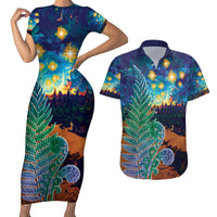 Personalised New Zealand Matariki Art Star Couples Matching Short Sleeve Bodycon Dress and Hawaiian Shirt Koru Fern Night Starry Sky LT9 Black - Polynesian Pride