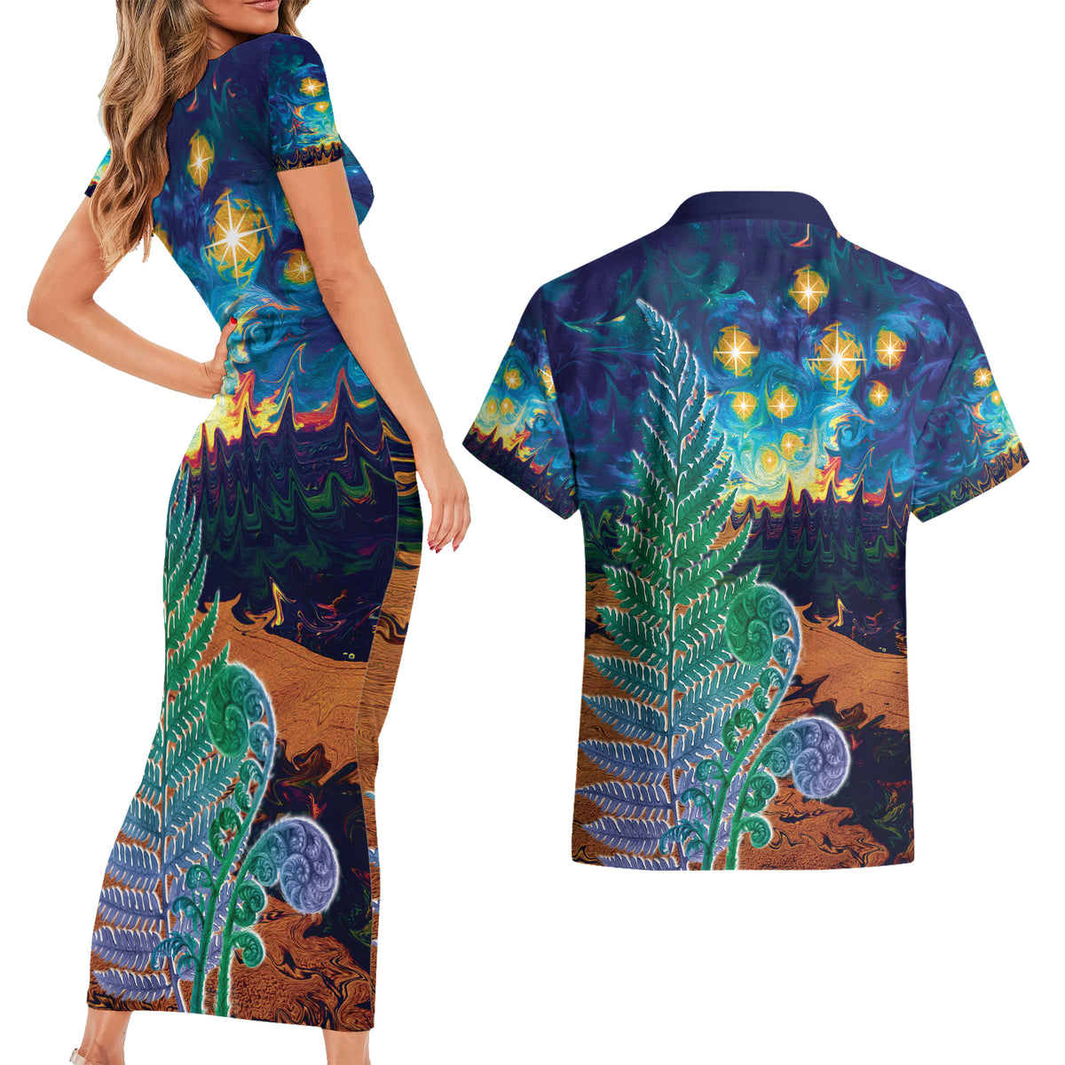 Personalised New Zealand Matariki Art Star Couples Matching Short Sleeve Bodycon Dress and Hawaiian Shirt Koru Fern Night Starry Sky LT9 - Polynesian Pride